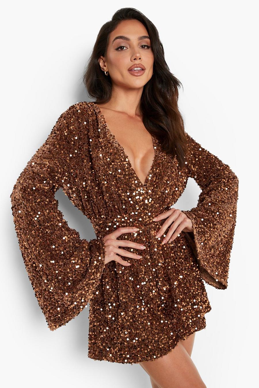 Copper Sequin Flare Sleeve Open Back Romper