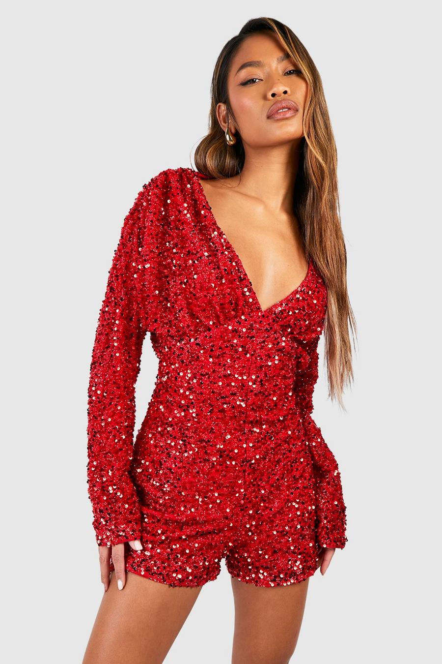 Red Sequin Plunge Extreme Batwing Romper image number 1