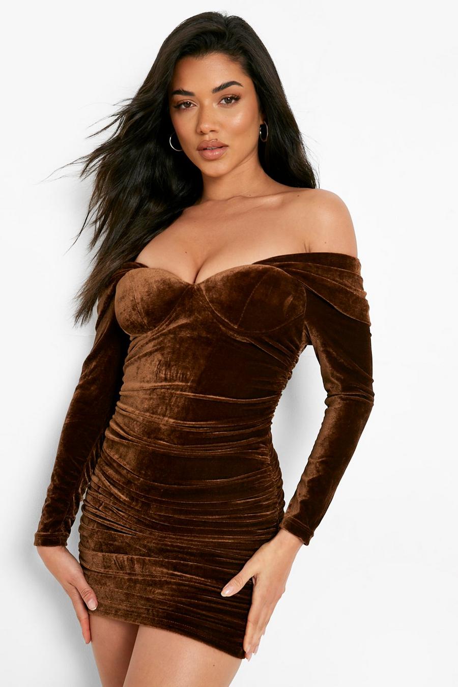 Chocolate Velvet Off The Shoulder Cup Detail Mini Party Dress