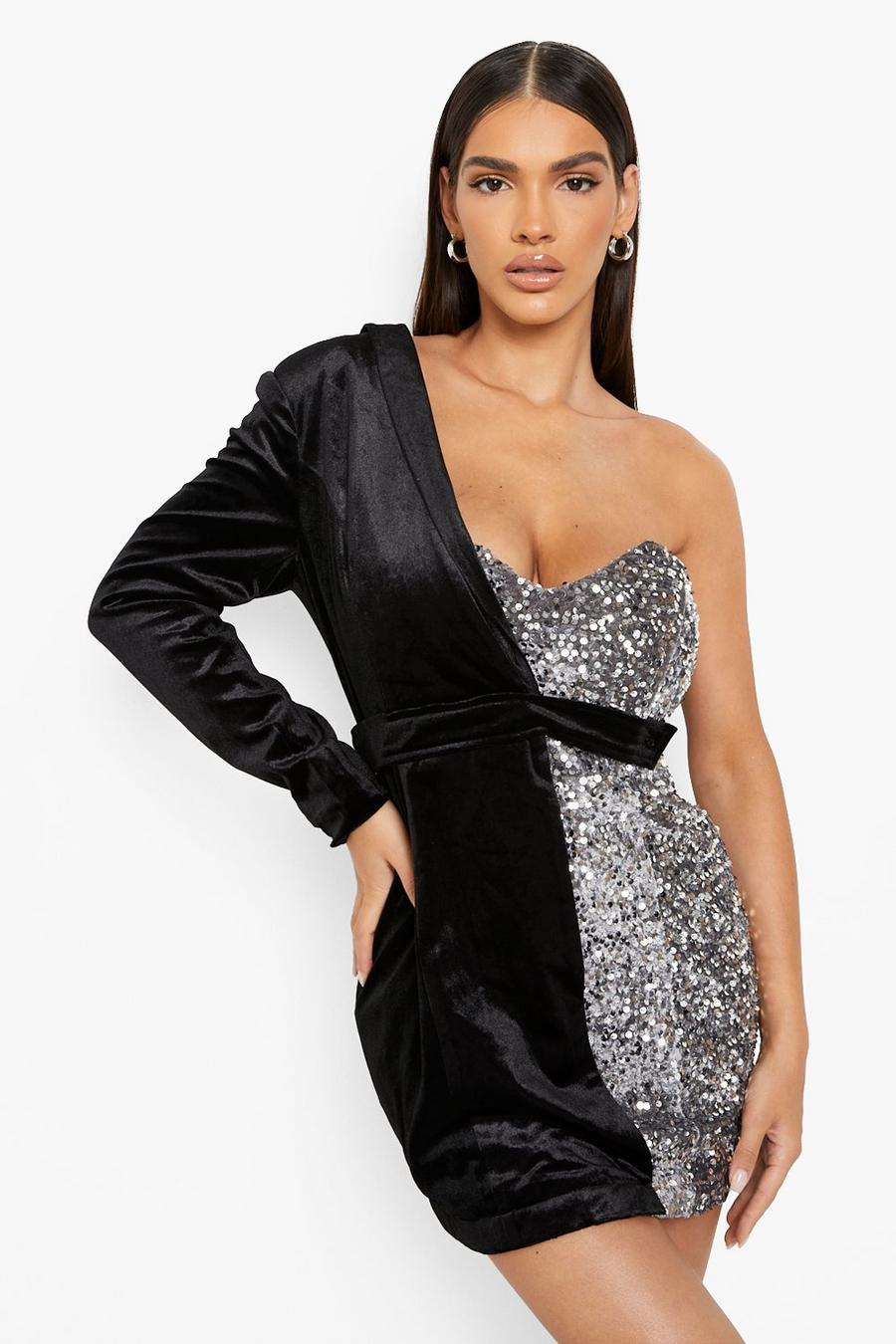 Silver Velvet And Sequin Belted Blazer Party Dress
