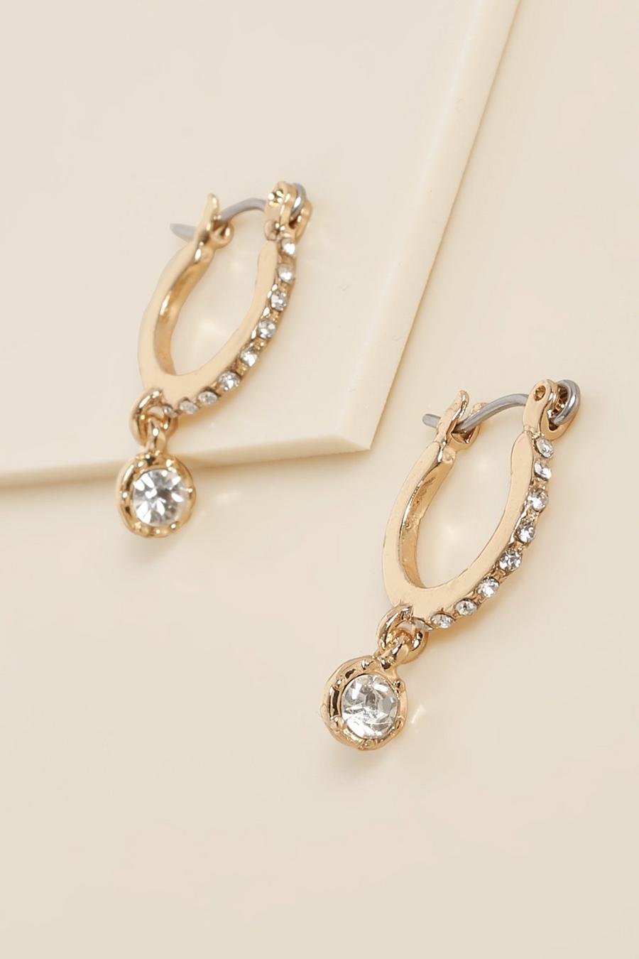 Gold Diamante Drop Hoop Earrings image number 1