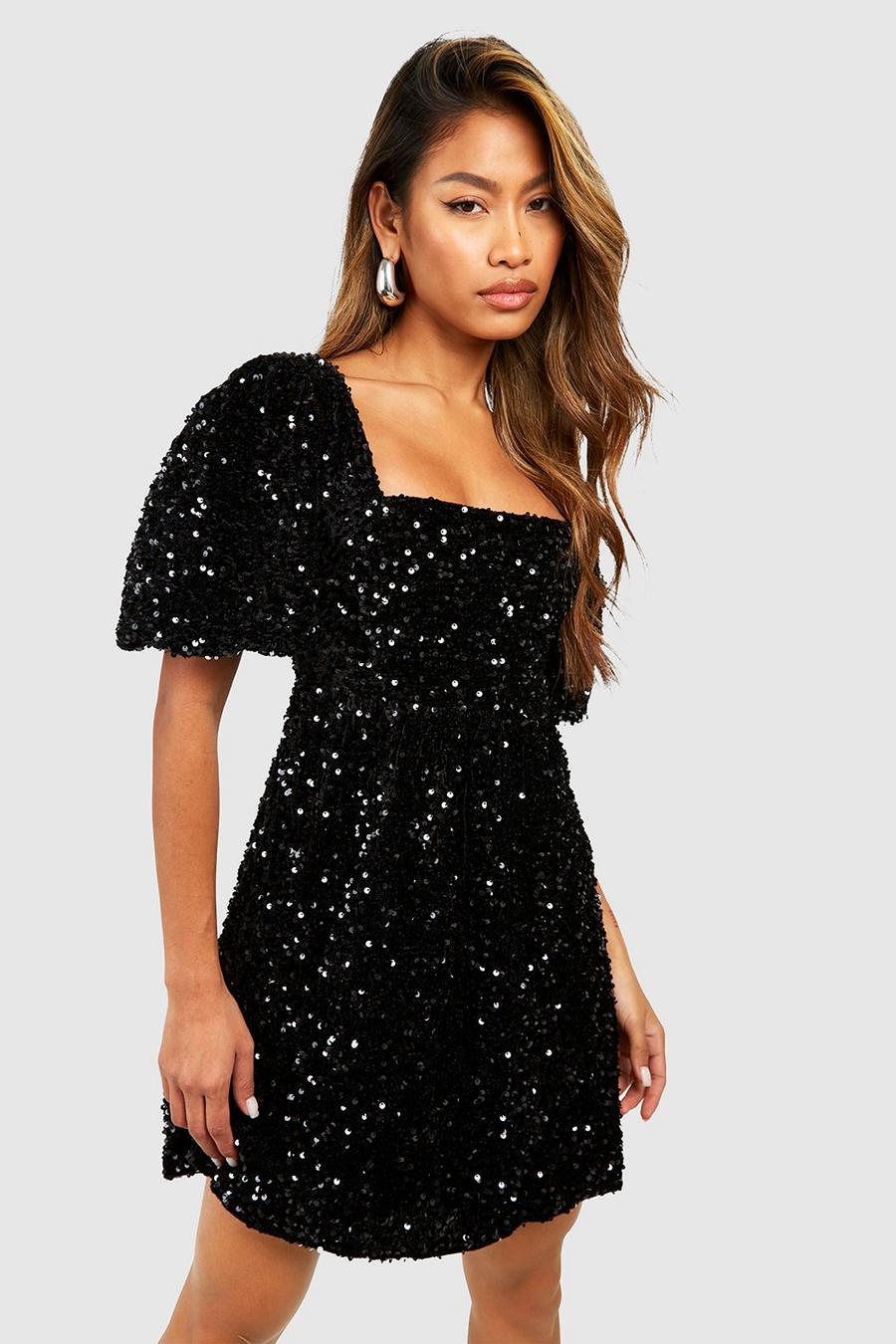 Black Sequin Puff Sleeve Square Neck Smock Party Dress