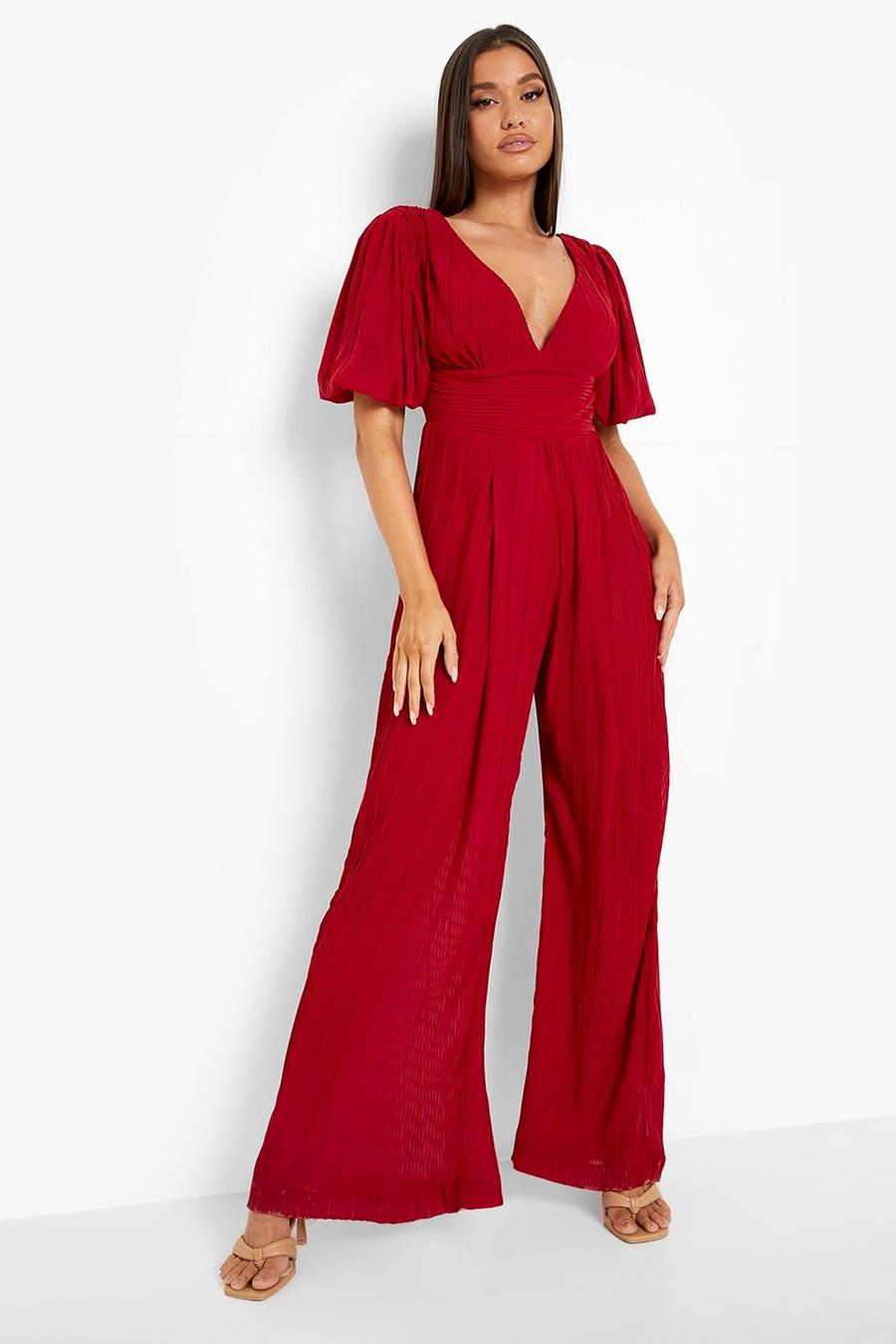Berry Pleated Off The Shoulder Wide Leg Jumpsuit