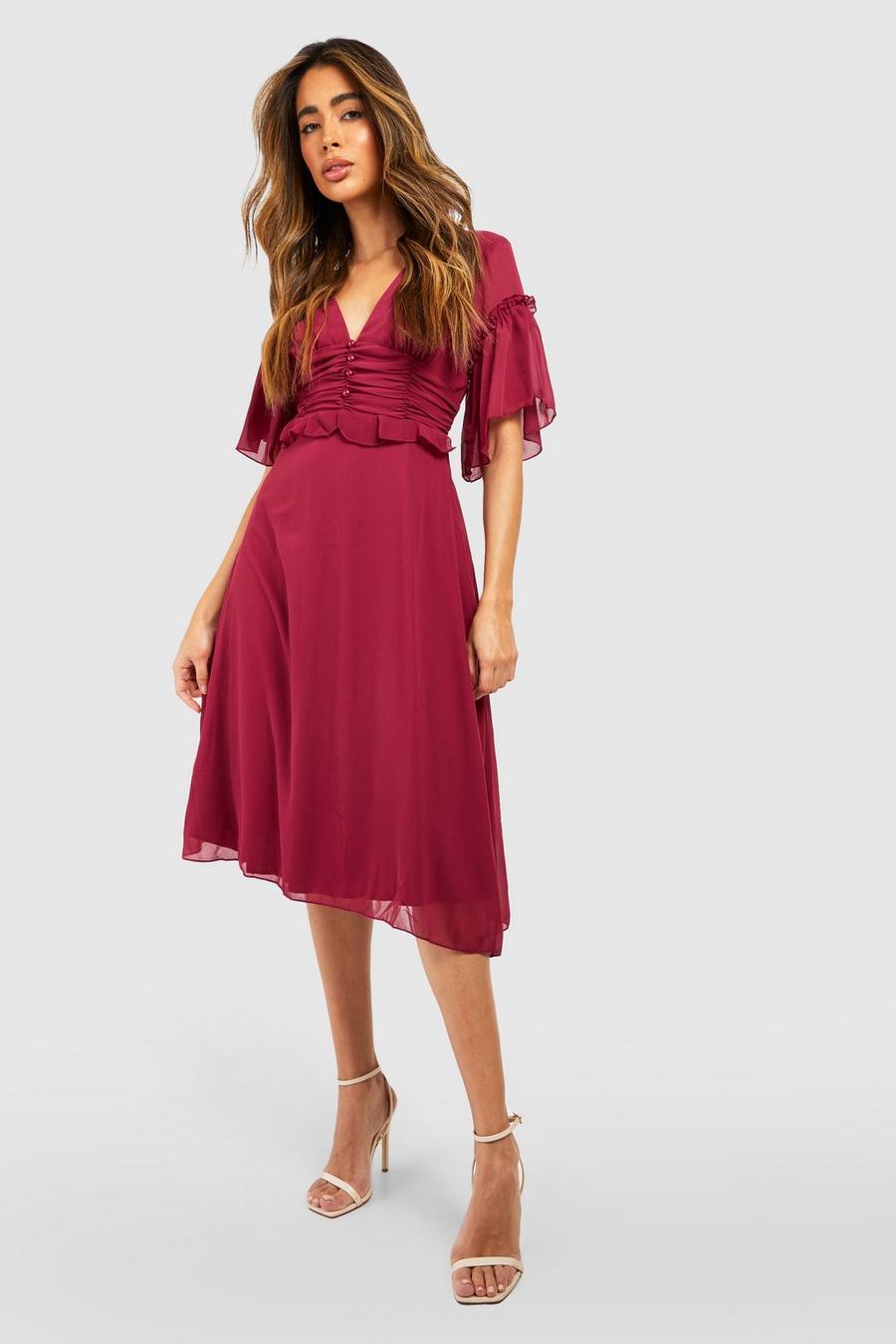 Berry Pleated Ruffle Detail Midi Smock Dress