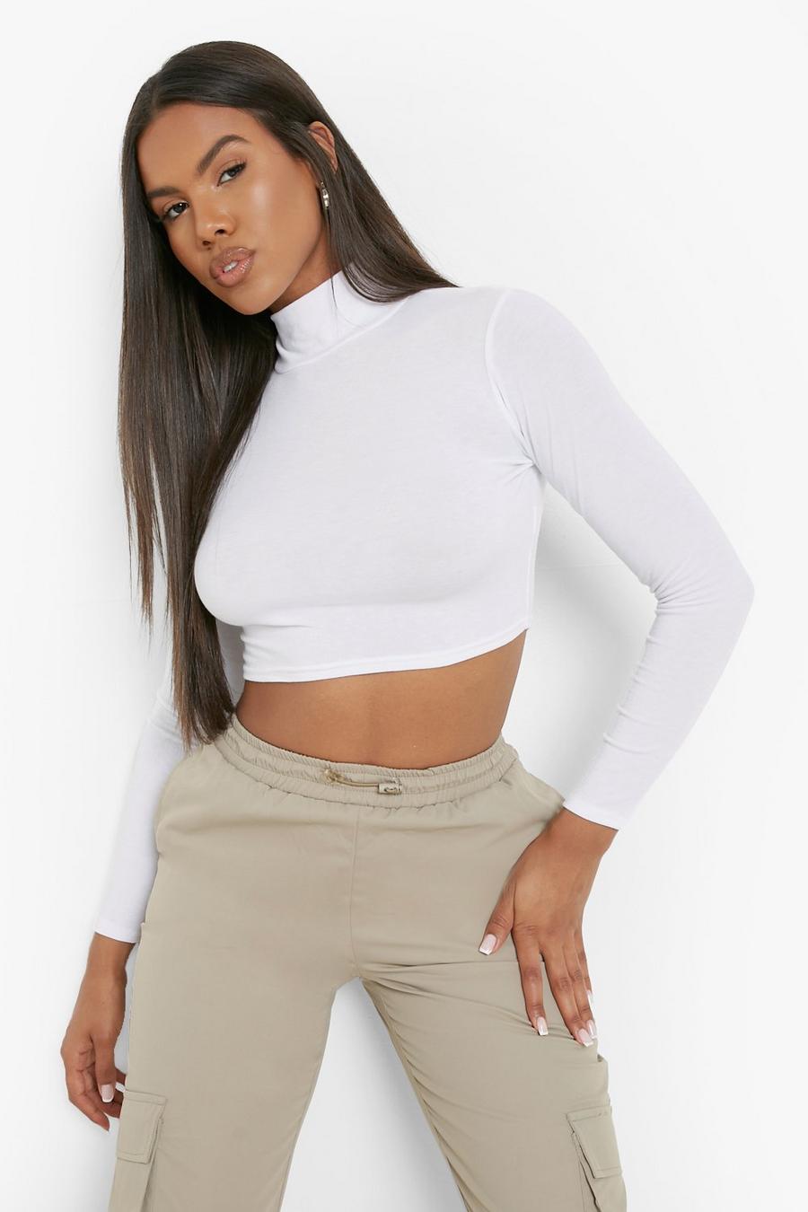 White Långärmad crop top med hög hals