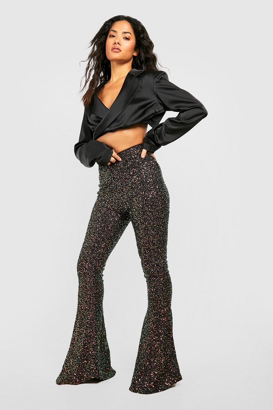 Black Sequin High Waisted Flared Trousers
