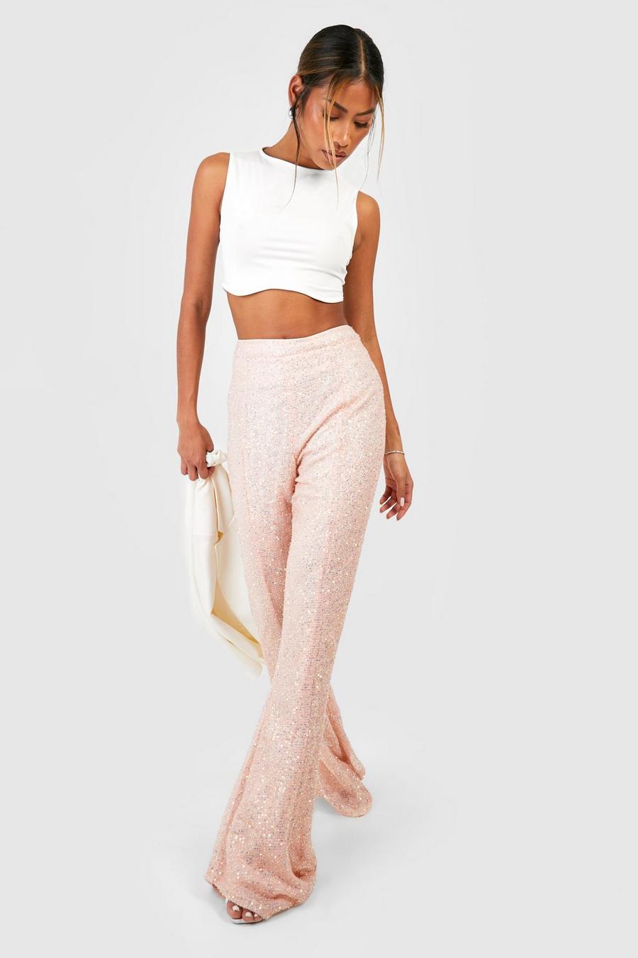Light pink Sequin High Waisted Flared Trousers