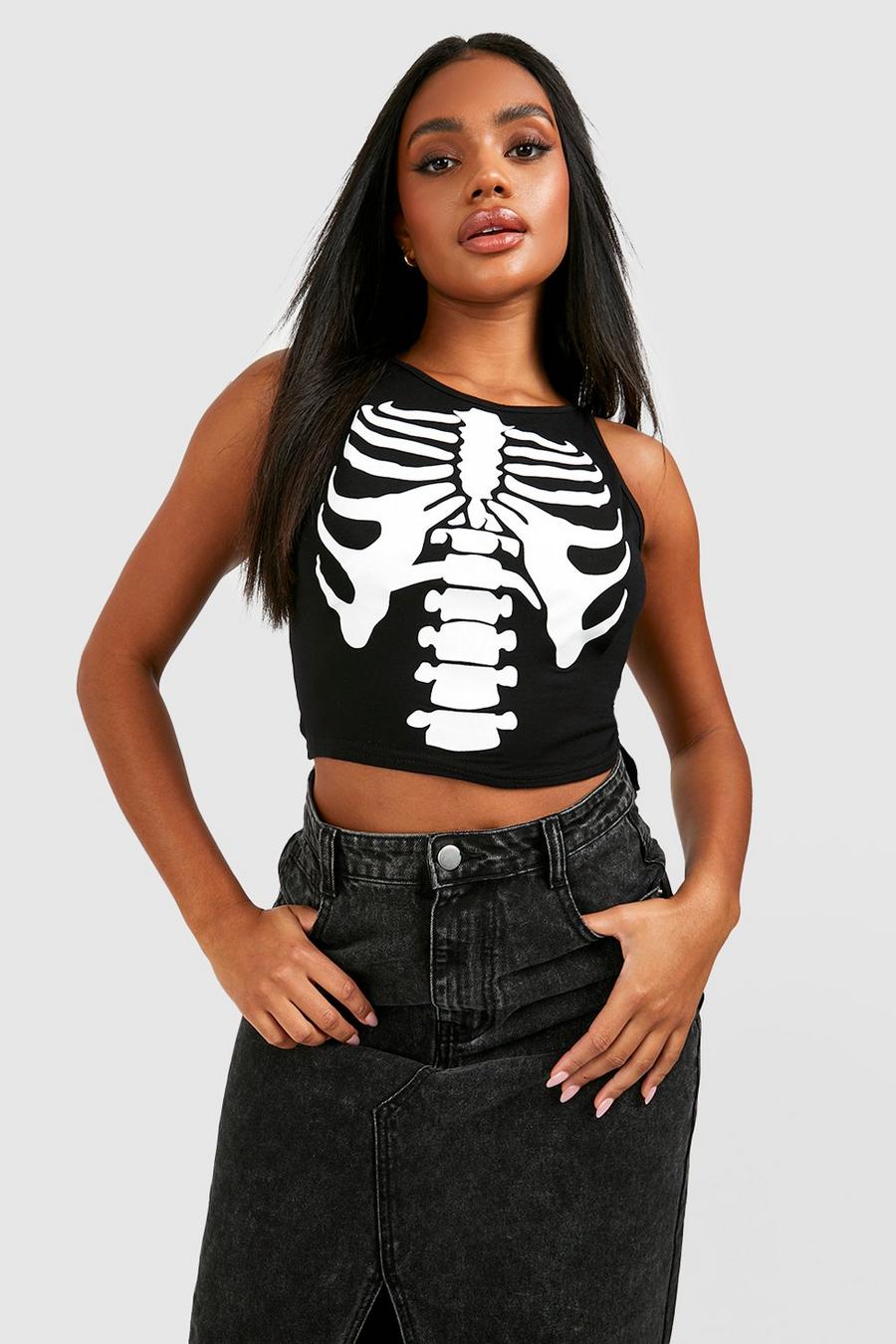 Crop top di Halloween a collo alto con stampa di scheletro, Black