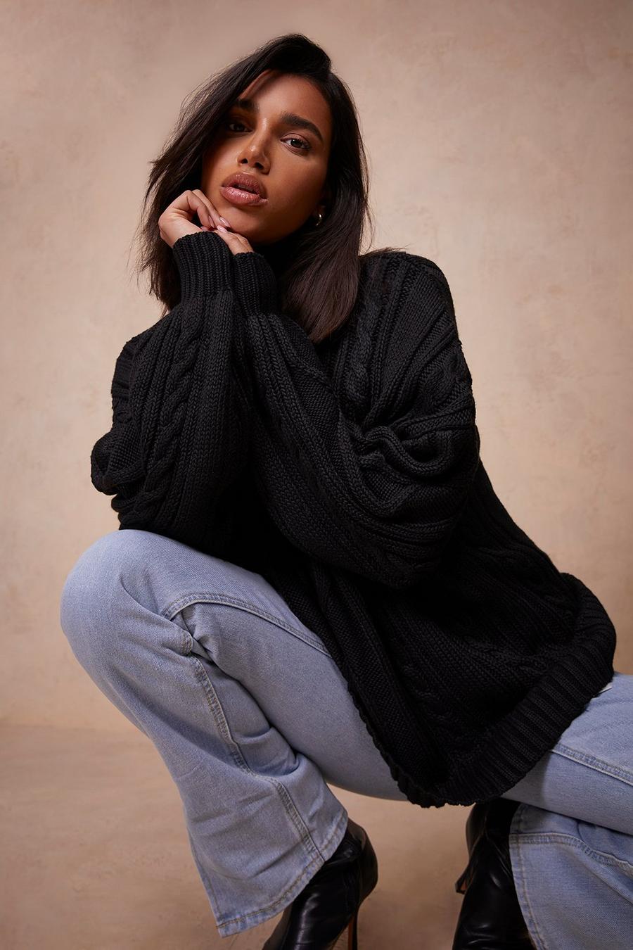 Black Oversized Cable Roll Neck Jumper