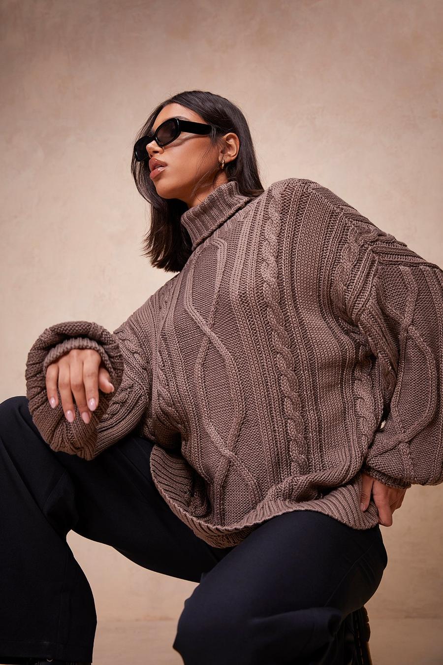 Mocha Oversized Cable Roll Neck Jumper