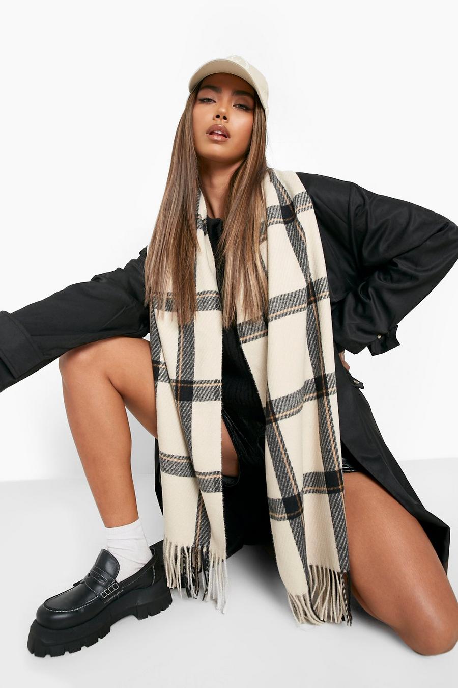 Beige Woven Checked Scarf