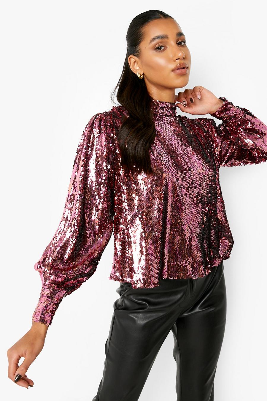 Gold Sequin Chain Back Detail Long Sleeve Top
