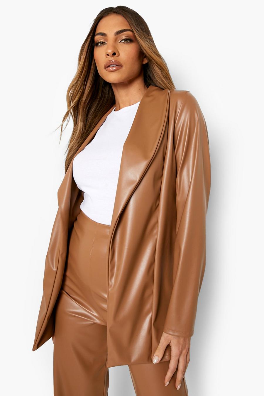 Caramel Mix & Match Faux Leather Fitted Blazer