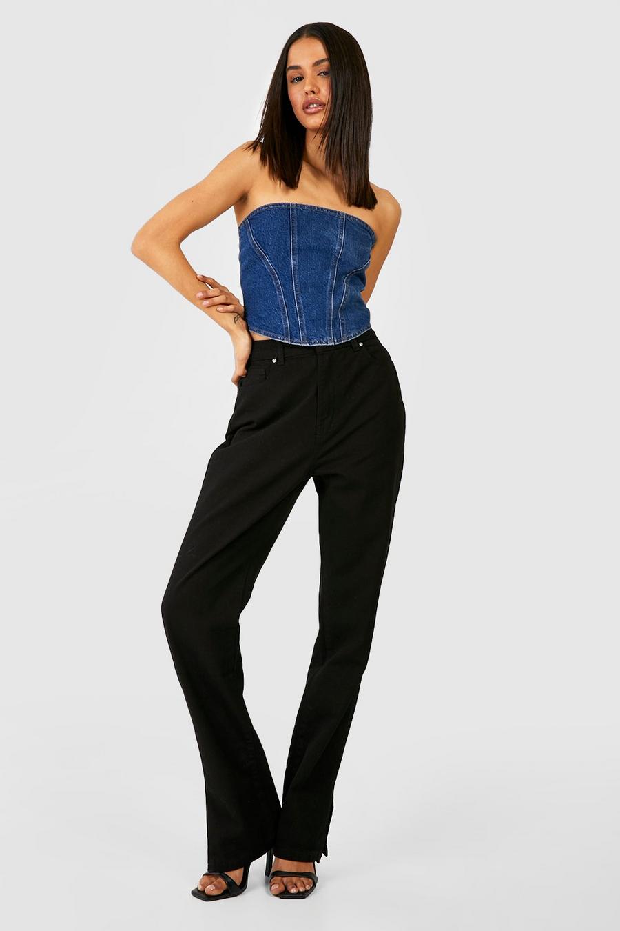 Basics Jeans mit hohem Bund und geteiltem Saum, Black