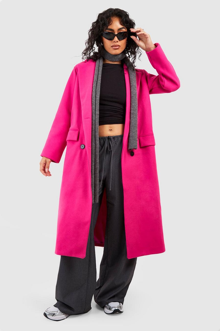 Manteau cache-cœur long effet laine, Hot pink