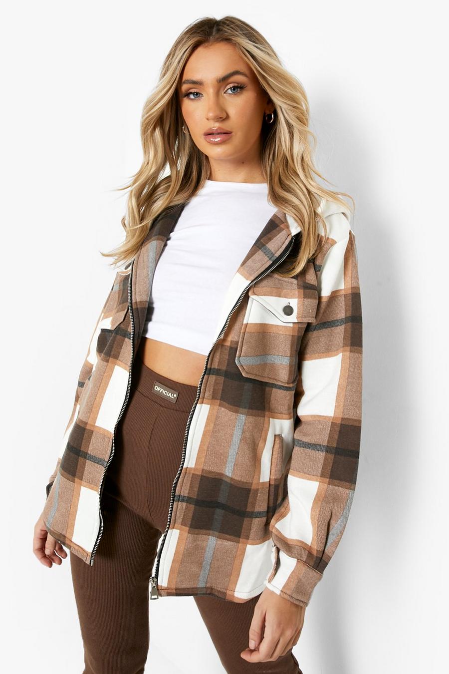 Chocolate Hooded Zip Check Shacket image number 1