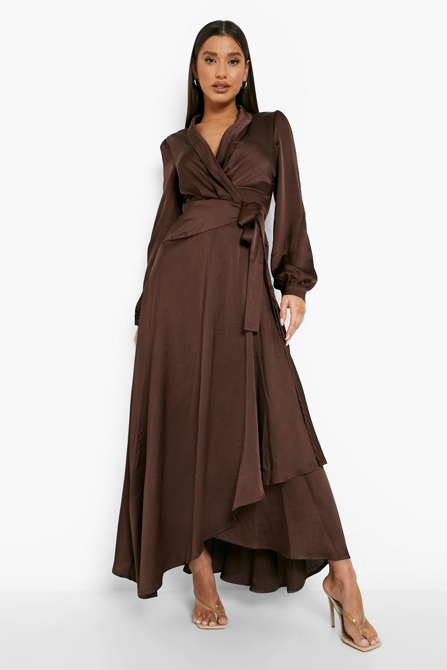 Chocolate Satin Wrap Belted Maxi Dress