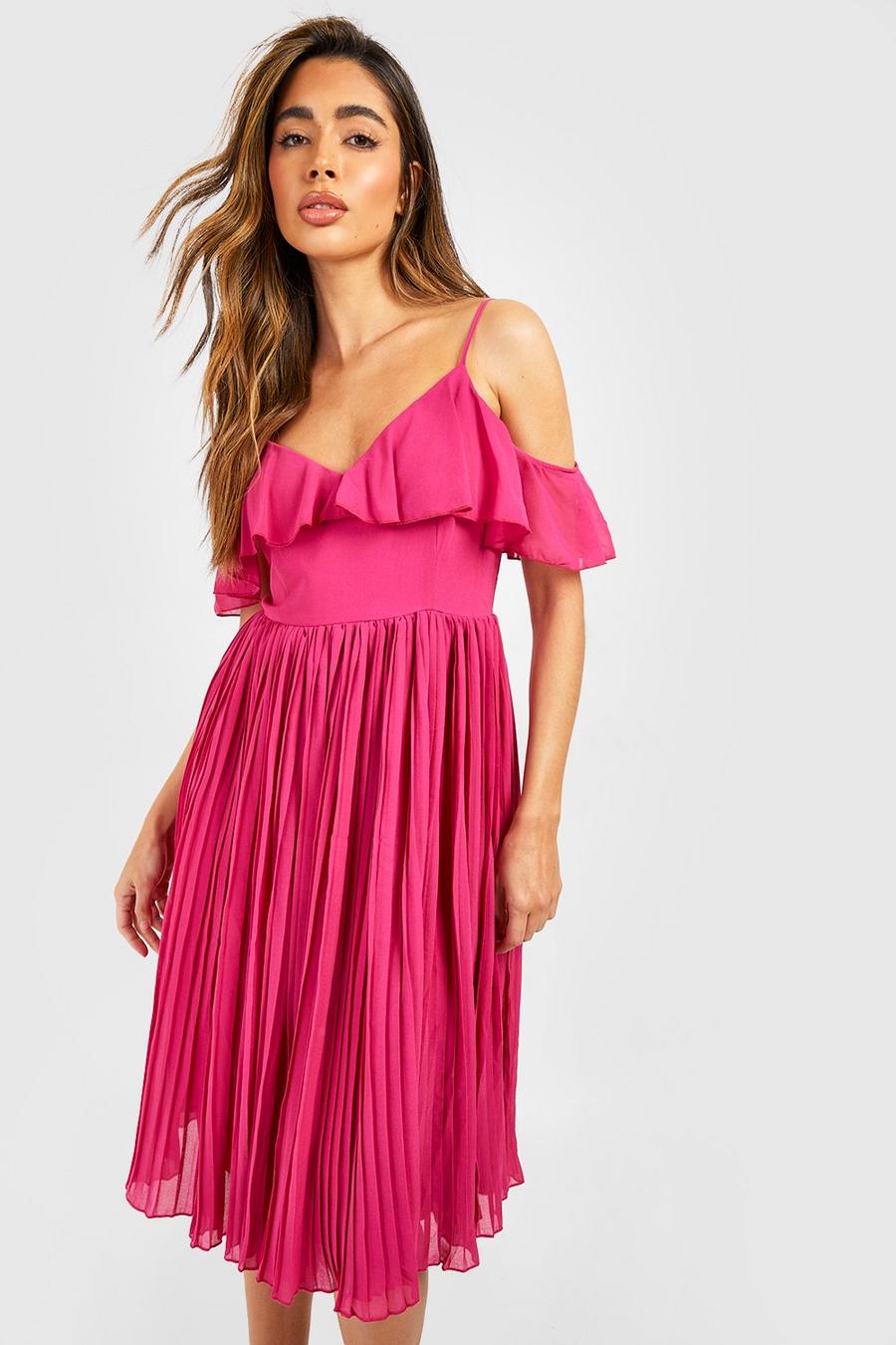 Berry Cold Shoulder Ruffle Midi Bridesmaid Dress image number 1