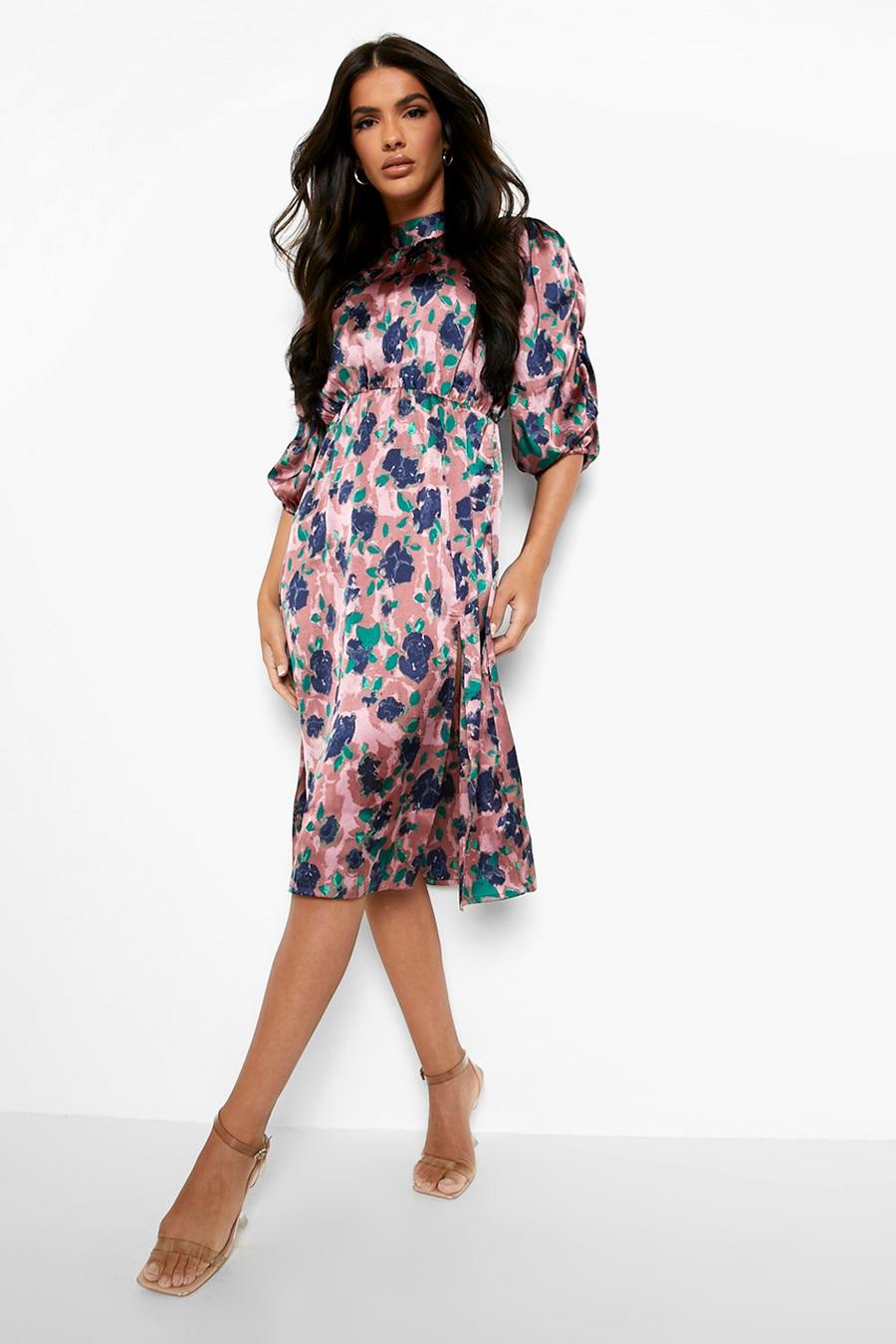 Rose Satin Floral Print Rouched Sleeve Midi Dress