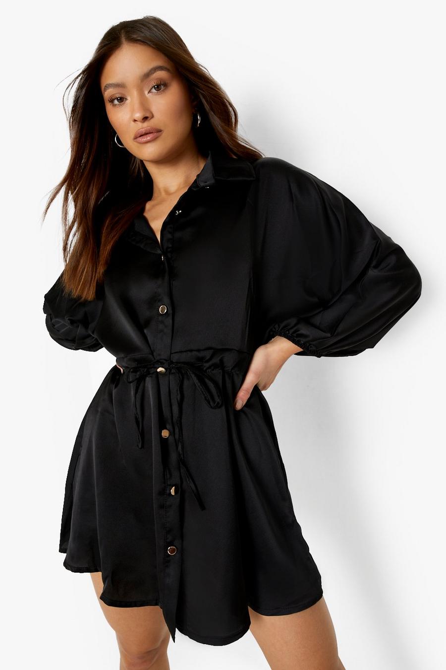 Black Skjortklänning i satin med knytskärp och volymärm