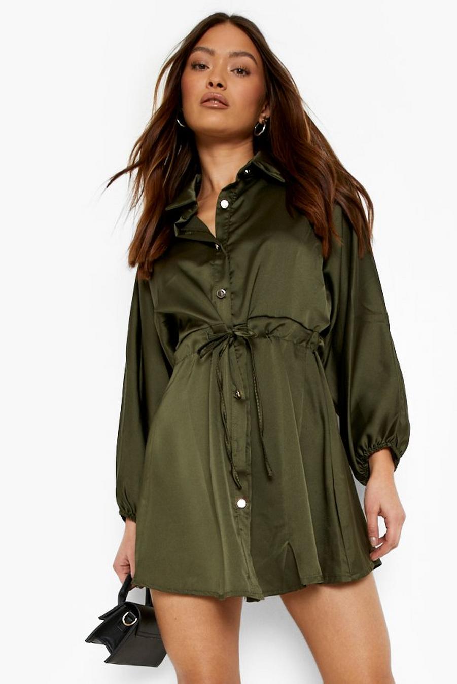 Khaki Satin Tie Waist Puff Sleeve Shirt Dress