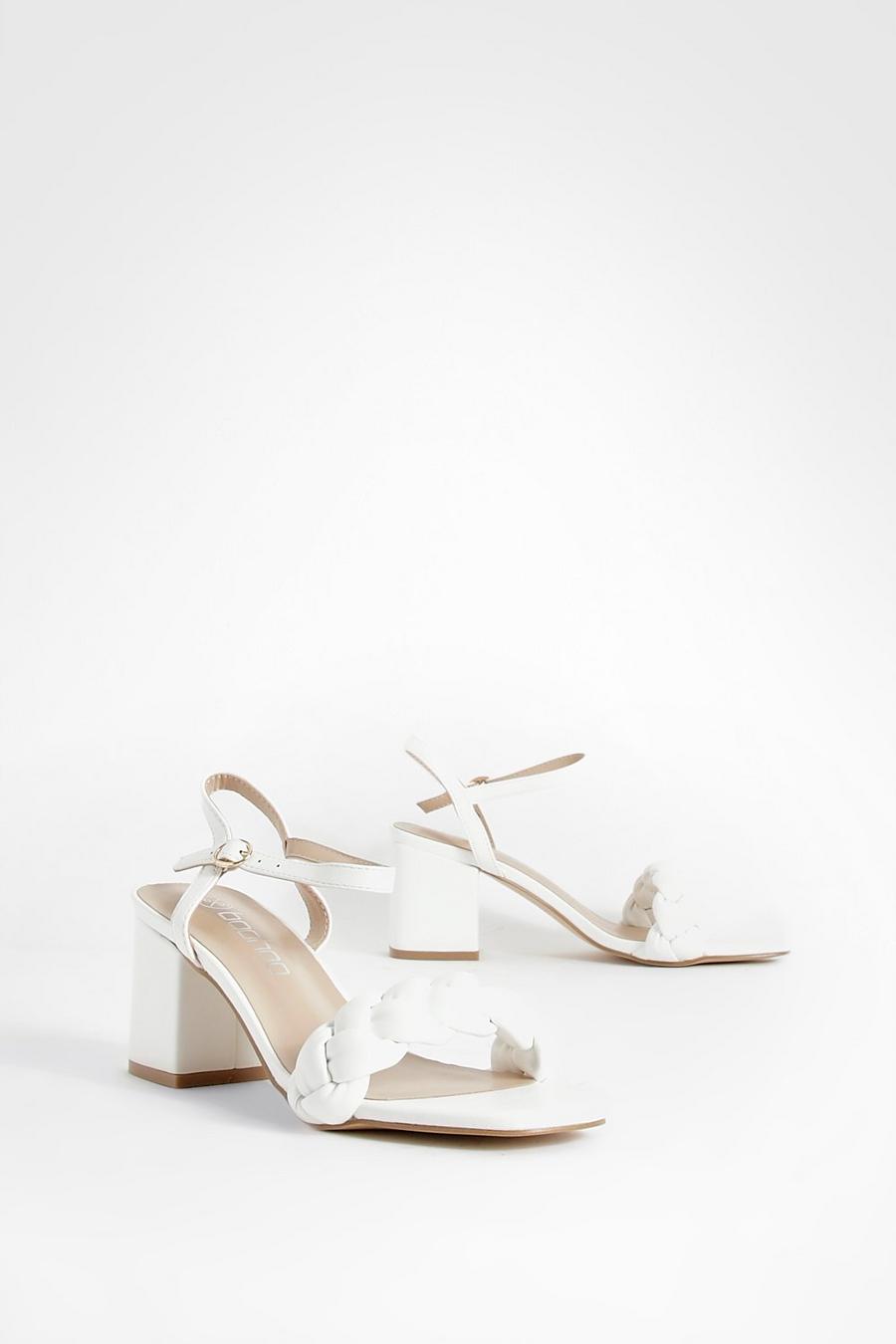 White Plait Strap Detail Low Block 2 Part Heel