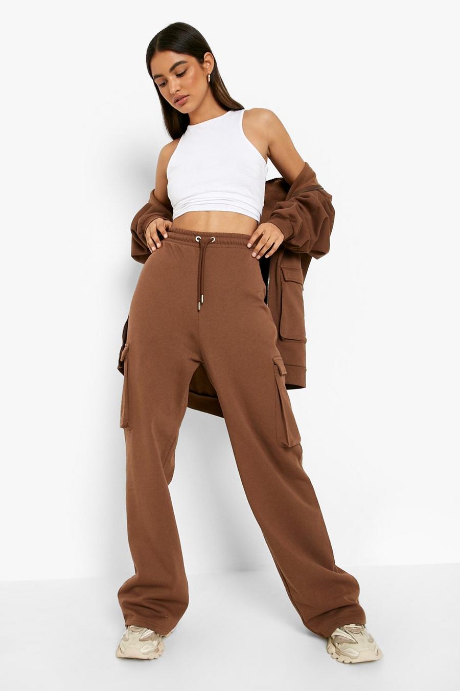 Chocolate Recycled Cargo Pocket Straight Leg Track Pants