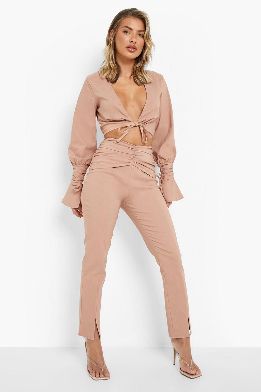 Camel beige Ruched Waist Split Front Trousers