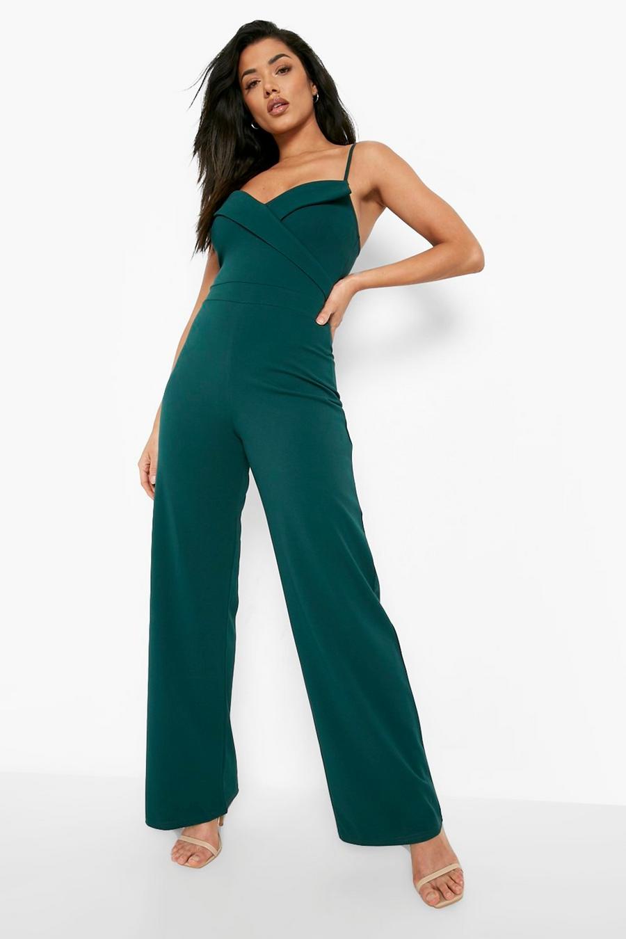 Bottle green Wide Leg Jumpsuit Met Bandjes En Reverskraag