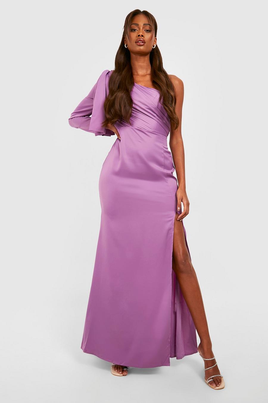 Vestito maxi in raso monospalla con drappeggio, Purple
