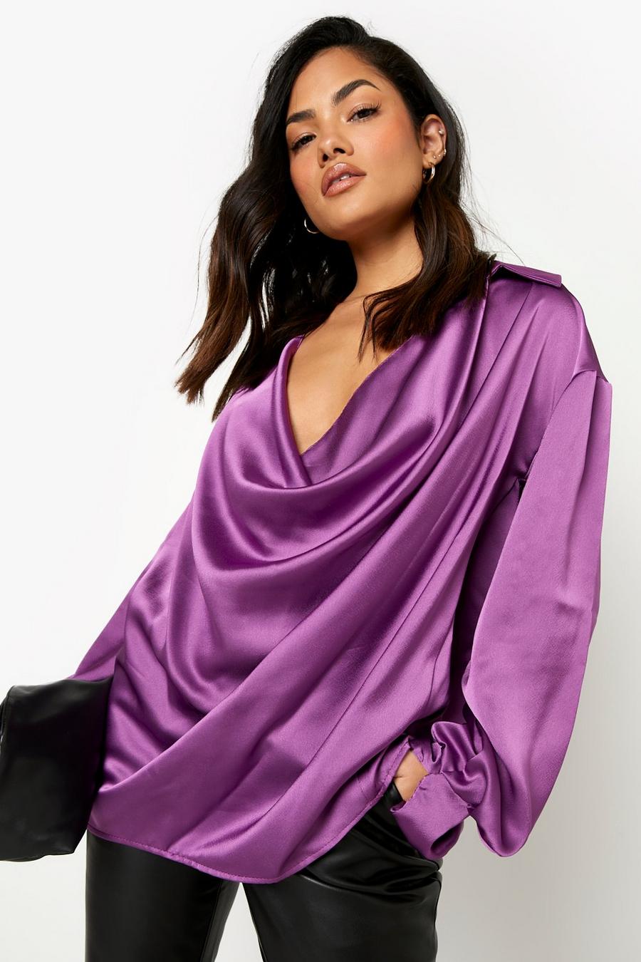 Camicia oversize in raso con scollo a cappuccio e polsini, Purple