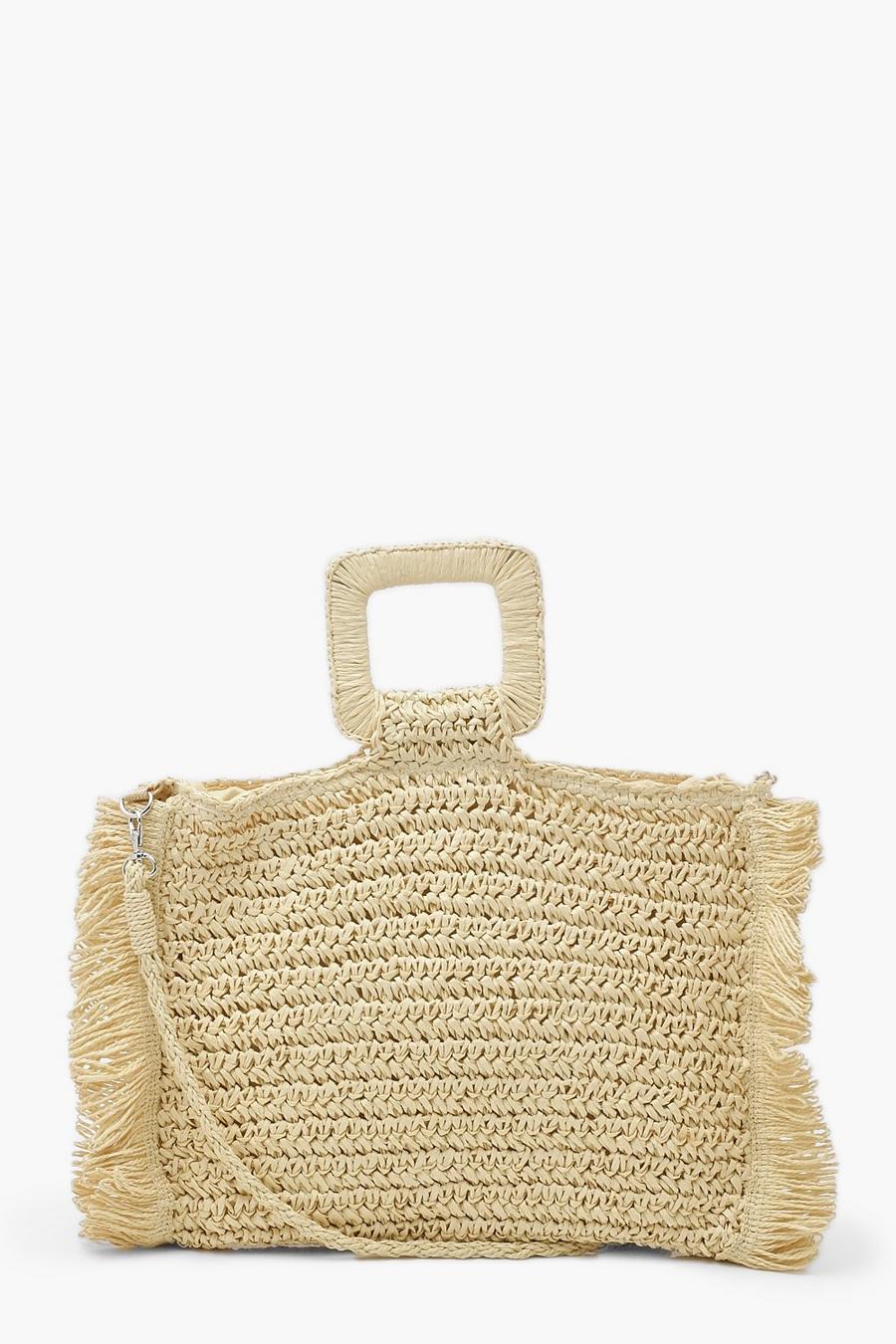 Stroh-Tasche mit Fransen, Natural beige