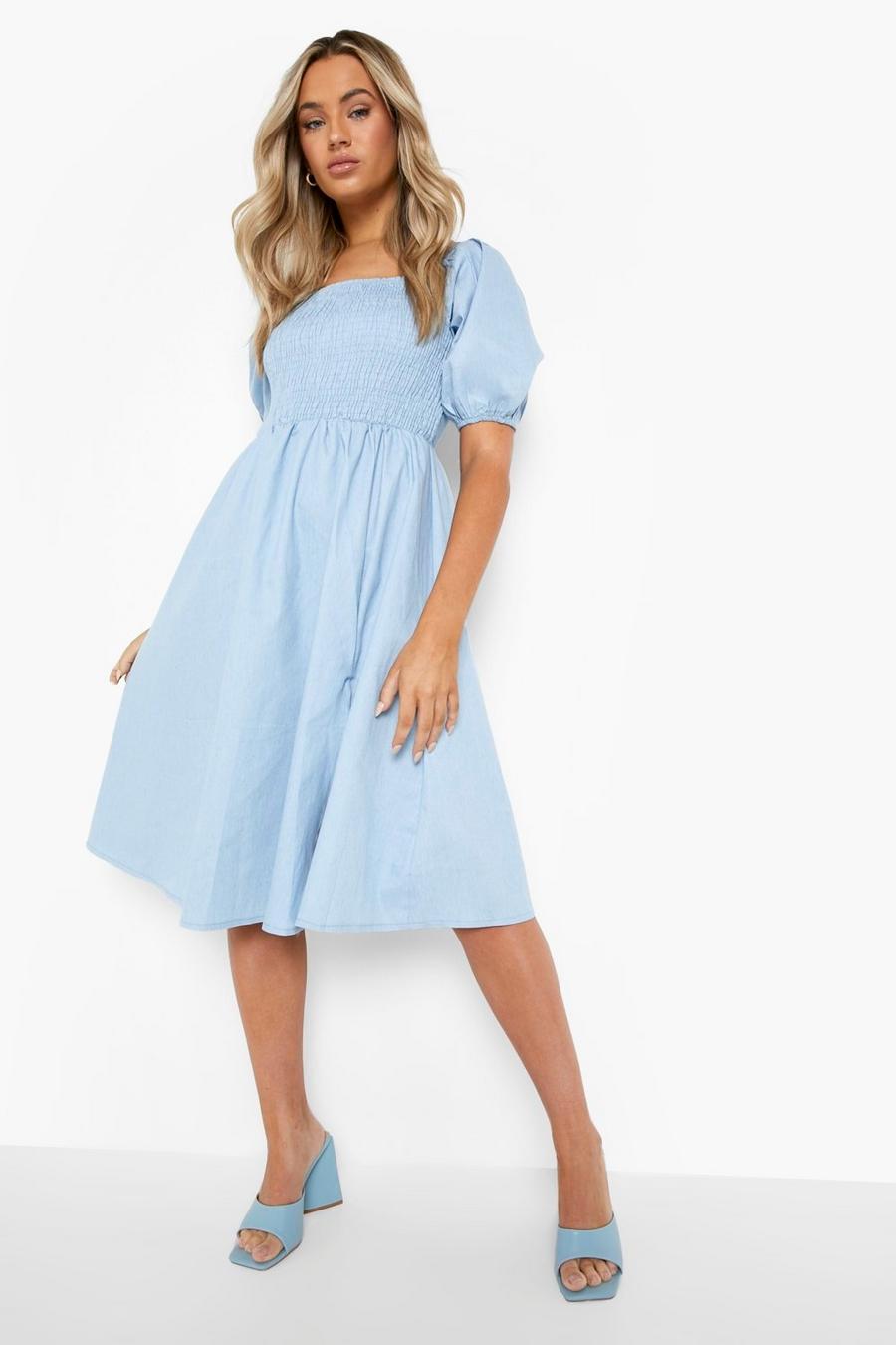 Light blue Shirred Split Hem Chambray Midi Dress