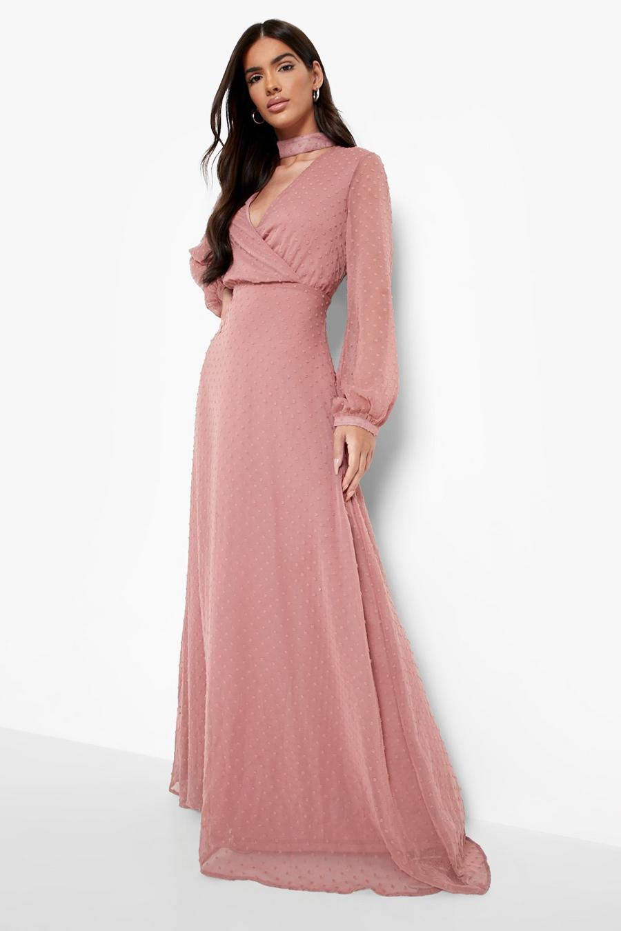 Vestito maxi a incrocio a maniche lunghe in rete plumetis, Dusty rose