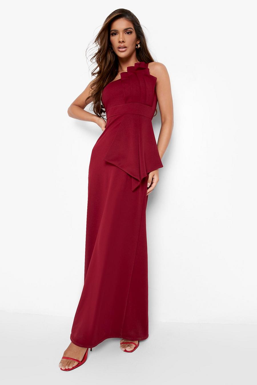 Berry One Shoulder Pleated Detail Maxi Dress