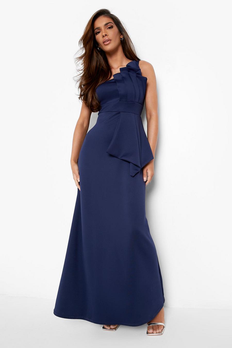 Navy One Shoulder Pleated Detail Maxi Dress image number 1