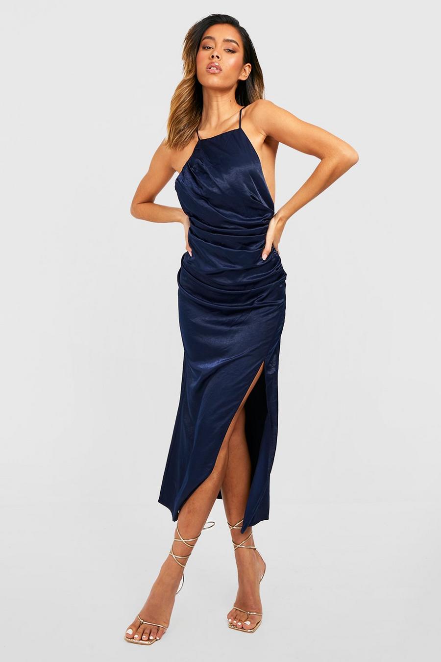 Cobalt Satin Ruched Detail Split Slip Dress