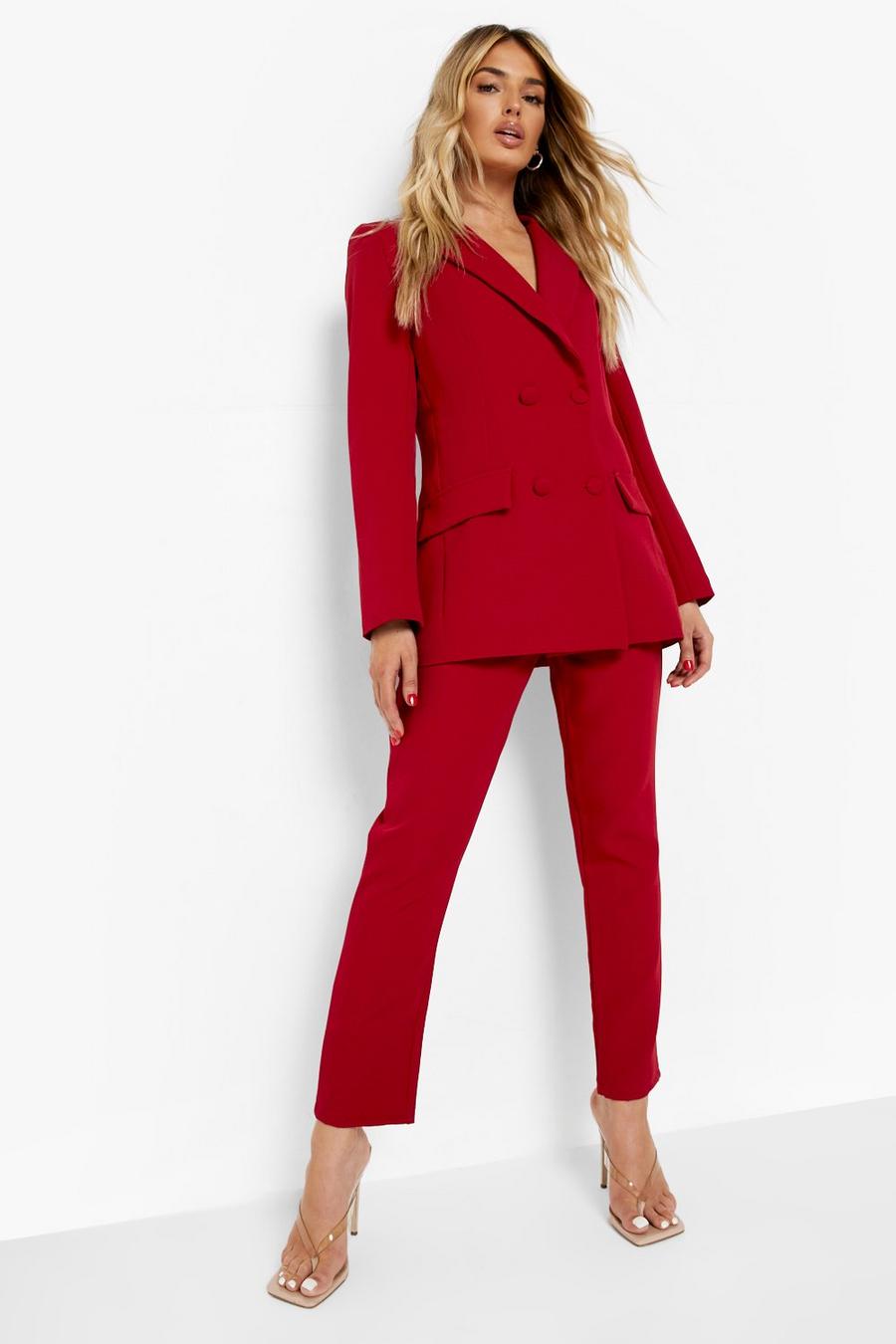 Berry Self Fabric Belted Tailored Trousers image number 1
