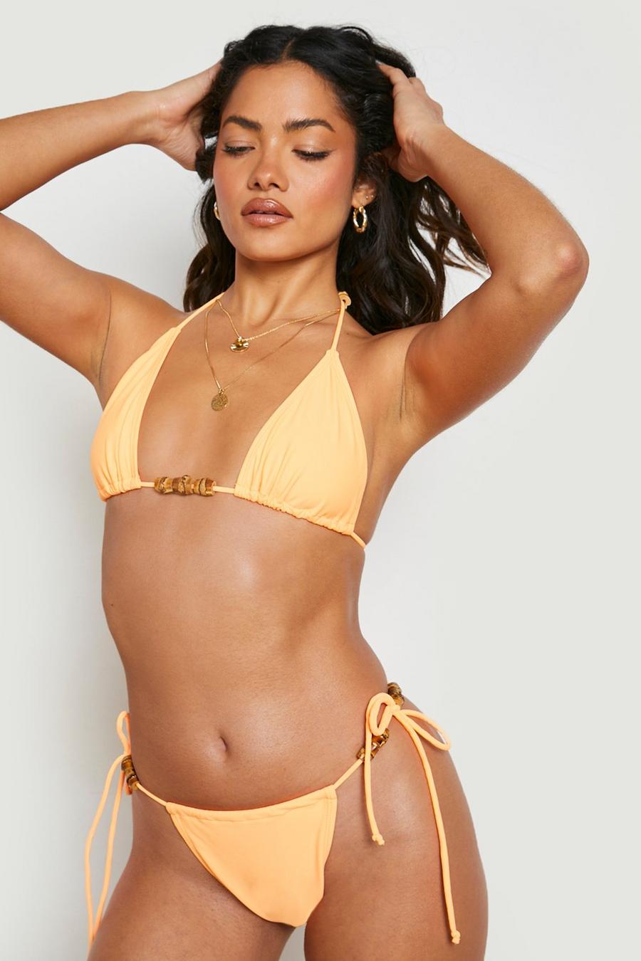 Slip bikini con laccetti laterali e perline in legno, Yellow