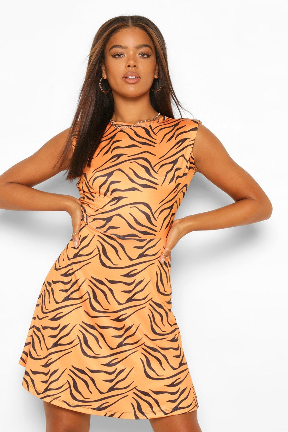 DRESSES Tiger Print Shoulder Pad Skater Dress