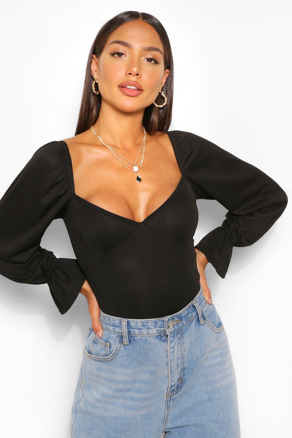 TOPS Black Plunge Frill Detail Top