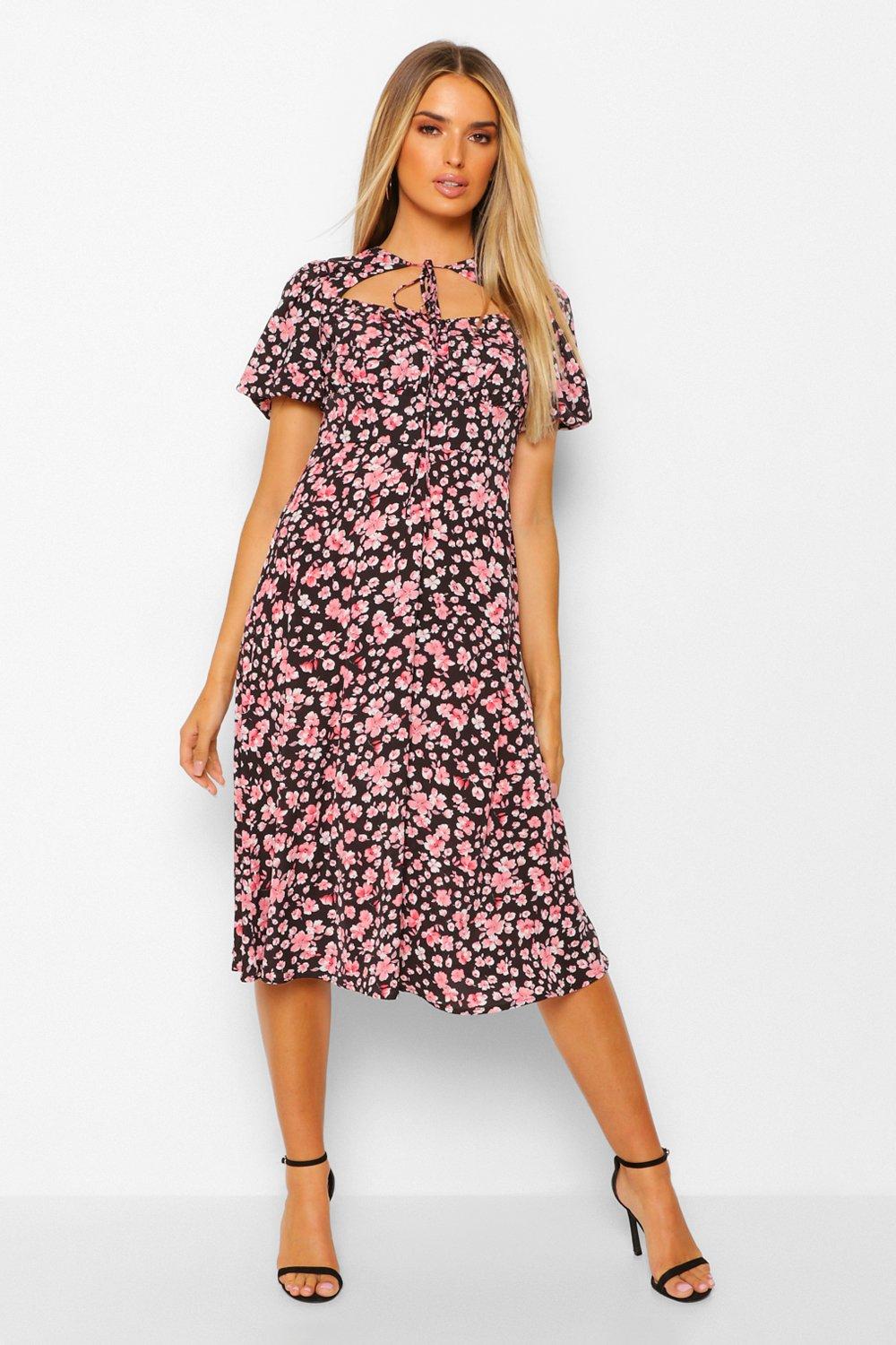 DRESSES Floral Rouched Bust Cut Out Midi Dress