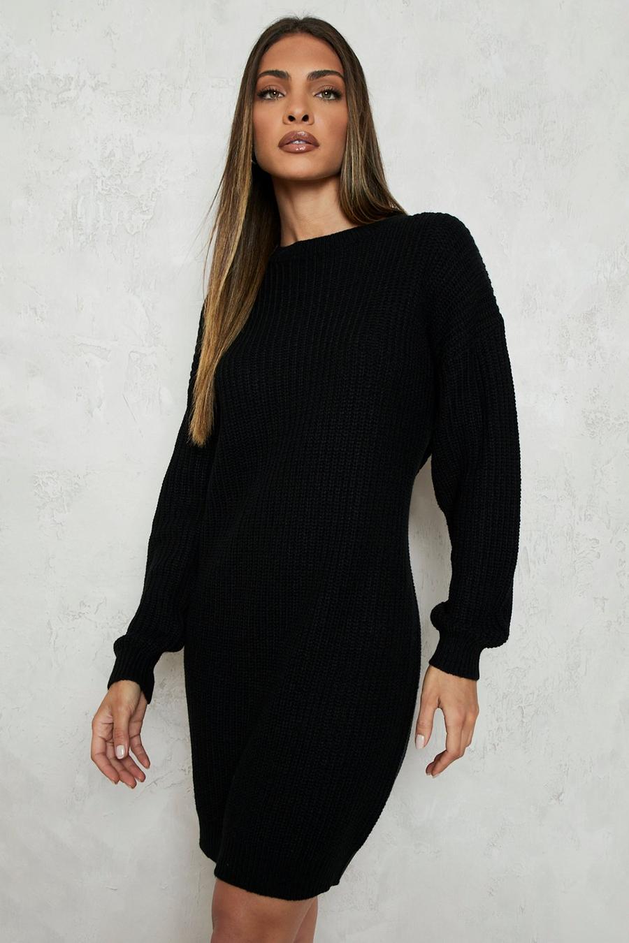 Vestido jersey con cuello de caja, Negro