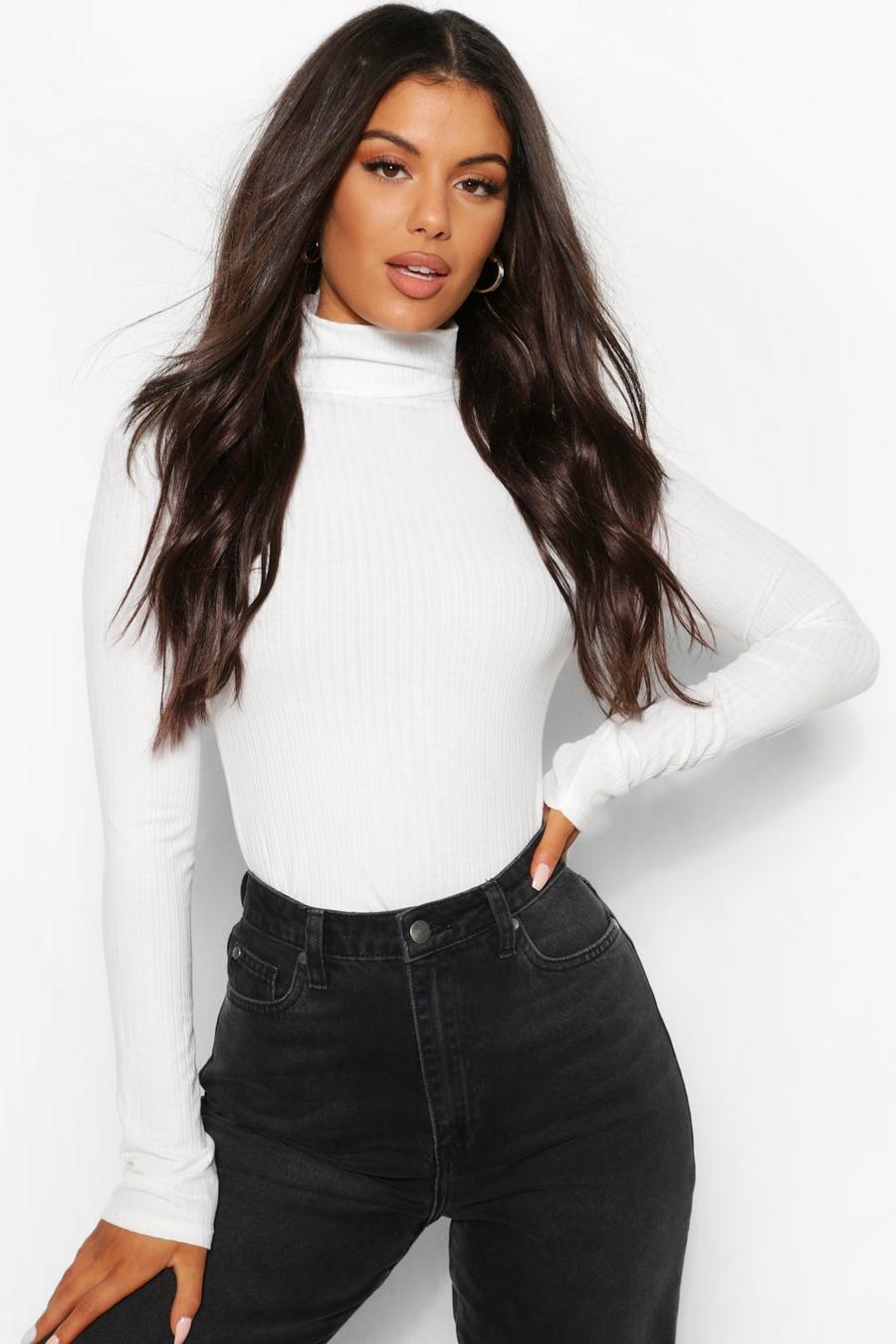 Ecru Turtle Neck Knitted Ribbed Top