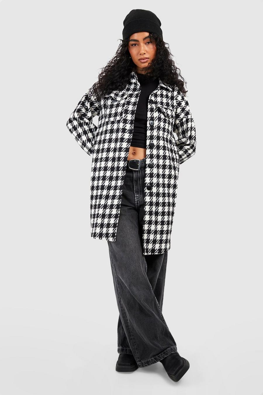 Camisa chaqueta Tall oversize efecto lana con estampado de pata de gallo, Negro image number 1