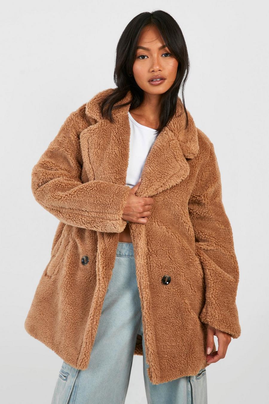 Camel Double Breasted Faux Teddy Fur Coat