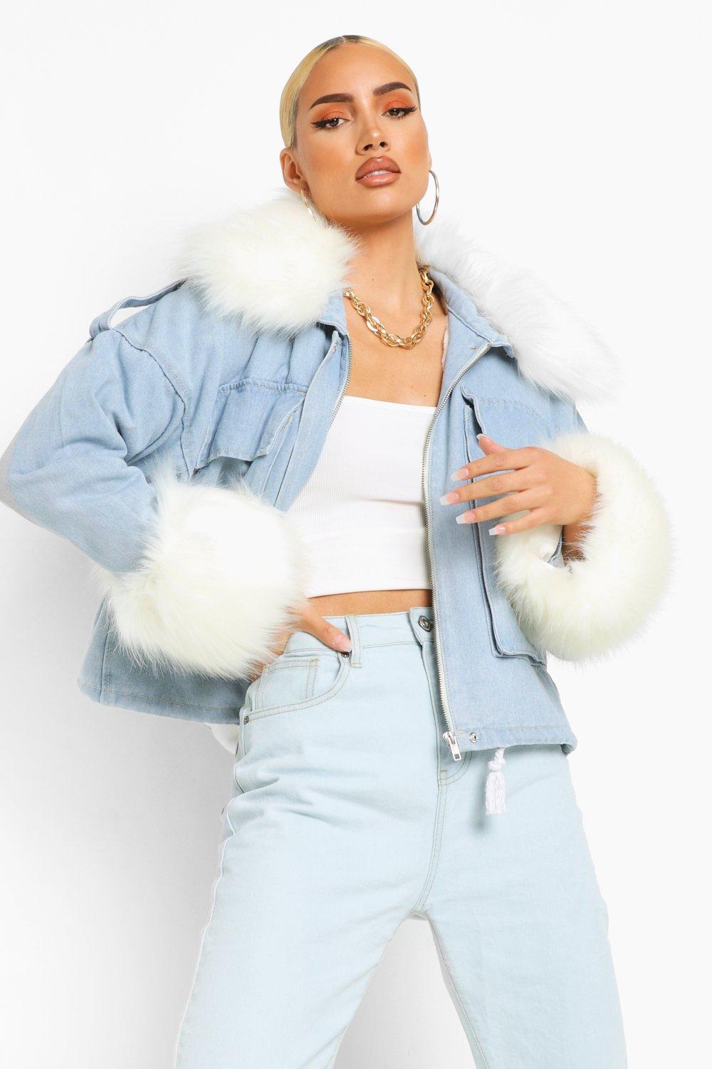 NEW IN Faux Fur Collar And Cuff Oversized Denim Jacket