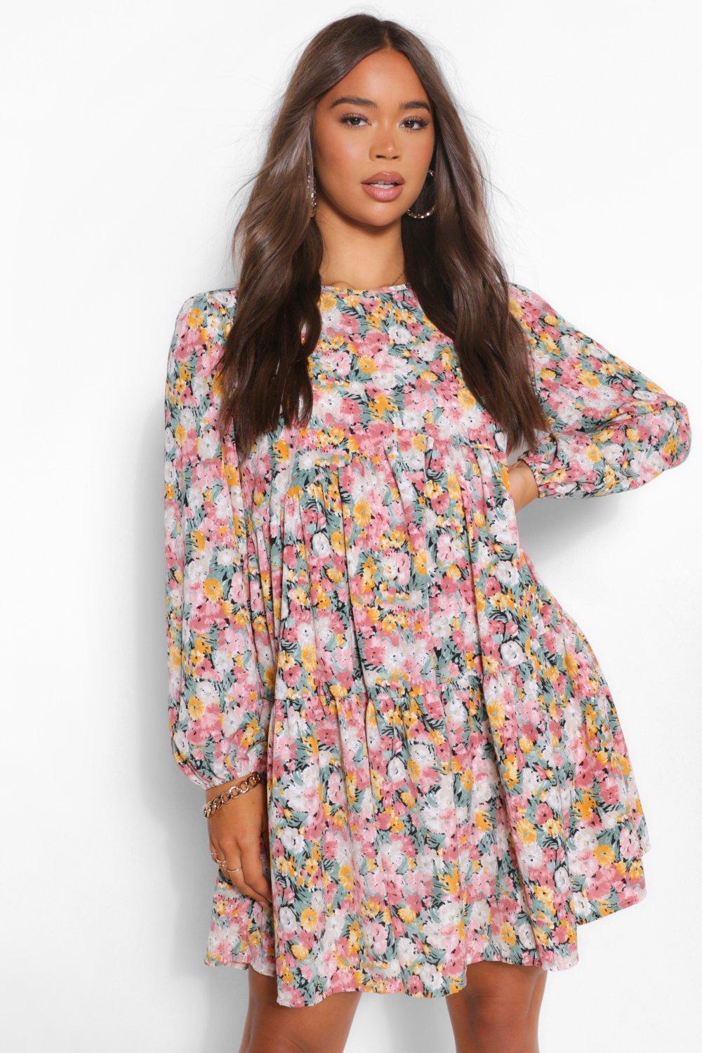 Womens Sale Floral Extreme Tiered Smock Dress