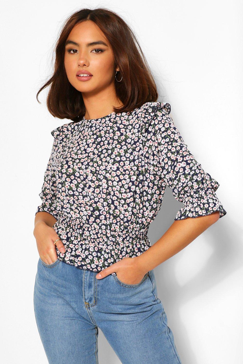 navy ruffle blouse