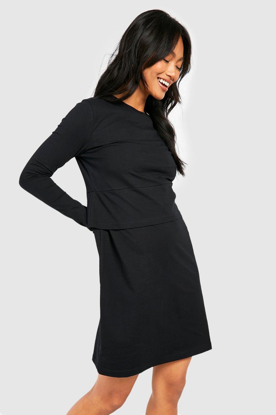 Langärmliges Oversize T-Shirt-Kleid mit Rundhals-Ausschnitt, Black
